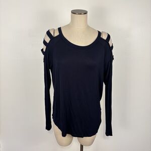 NWT Shiela Rose Women's Size 2X Navy Long Strappy Cold Shoulder Pullover Top